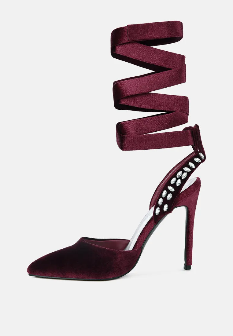 WALLIS Burgundy Diamante Embellished Tie Up Stiletto Sandals