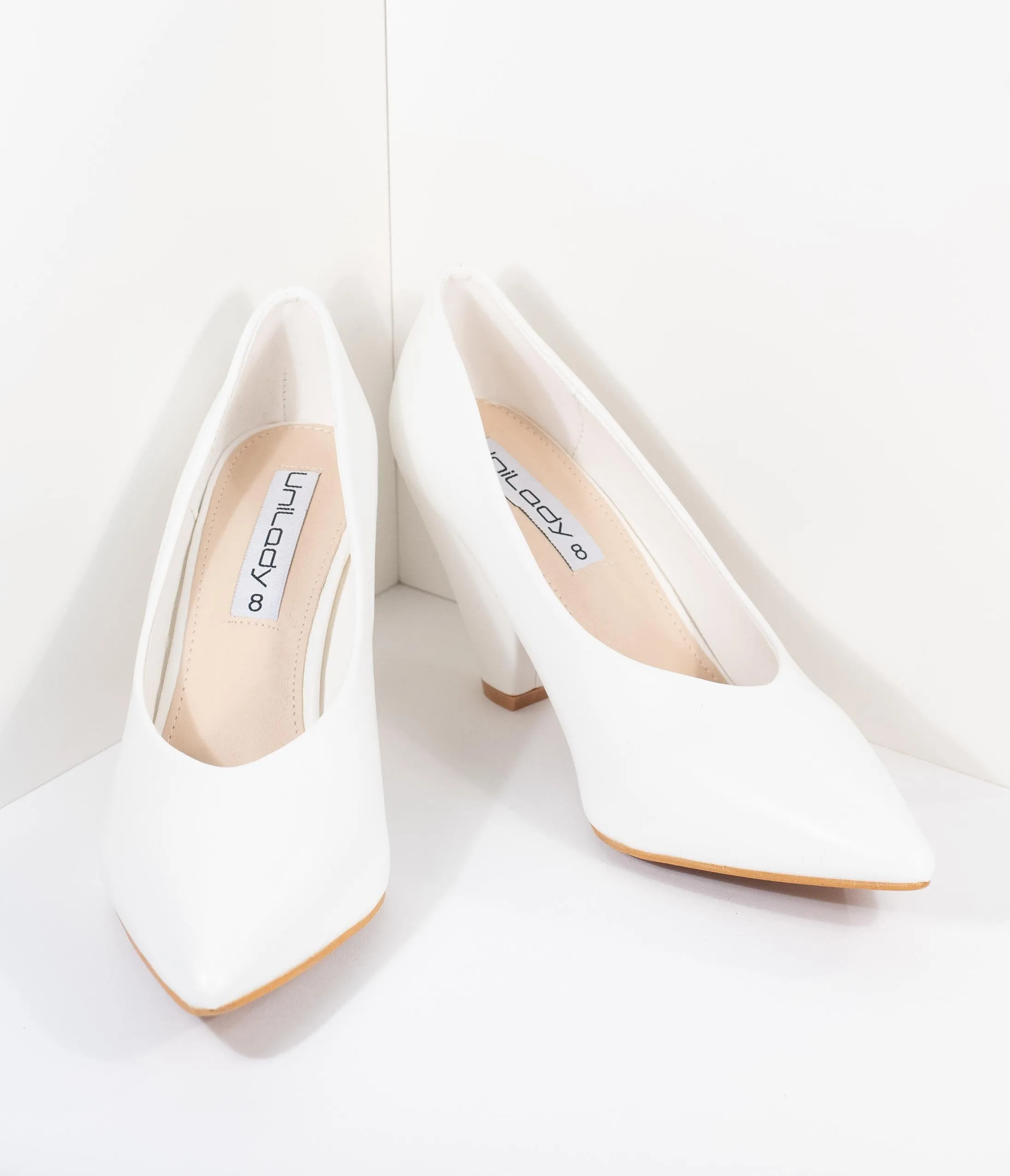 White Leatherette Pointed Toe Cone Heel Pumps