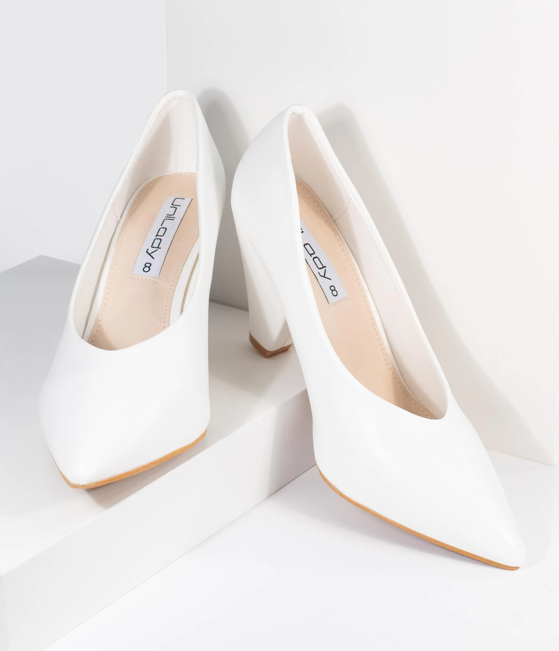 White Leatherette Pointed Toe Cone Heel Pumps