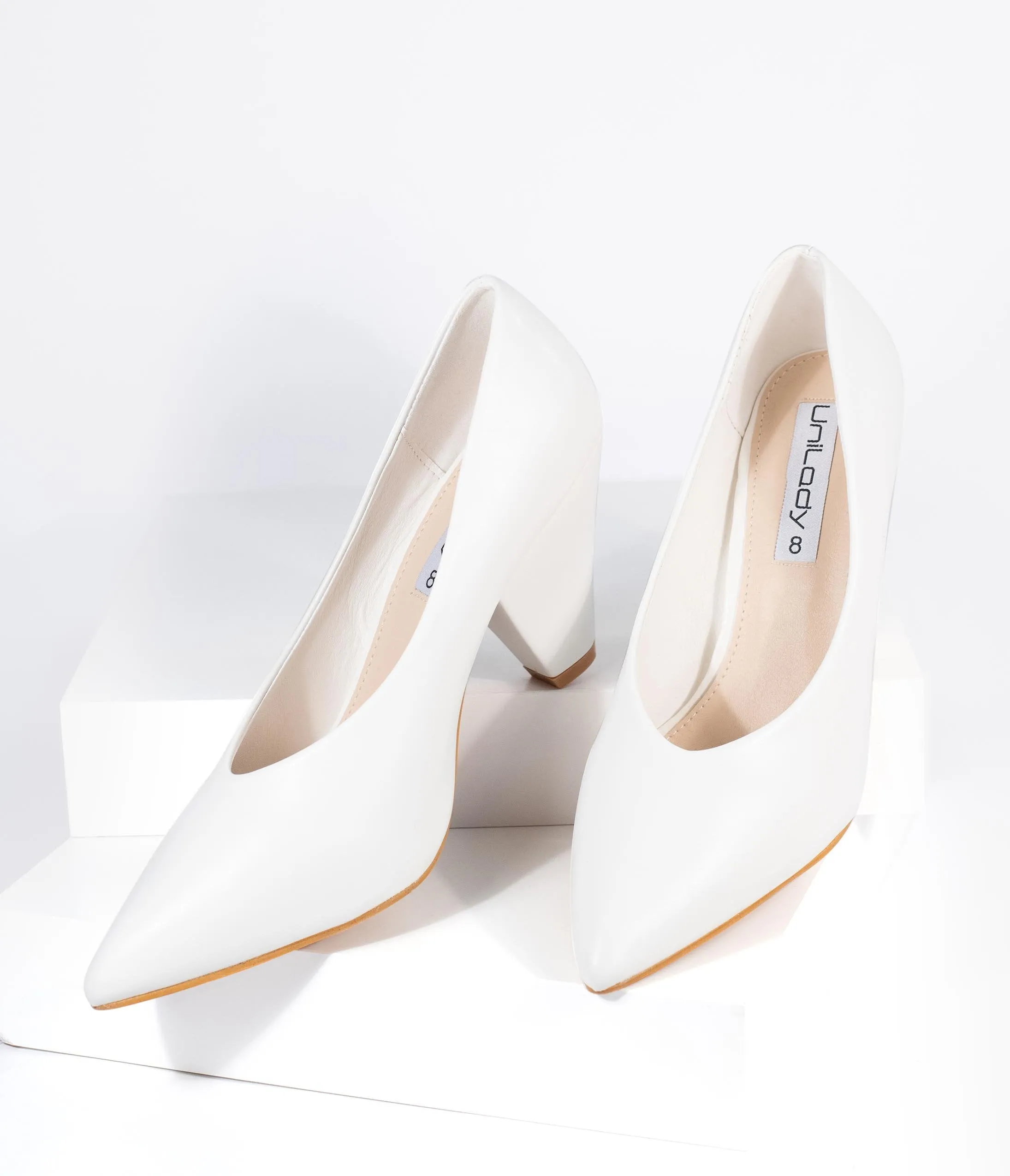 White Leatherette Pointed Toe Cone Heel Pumps