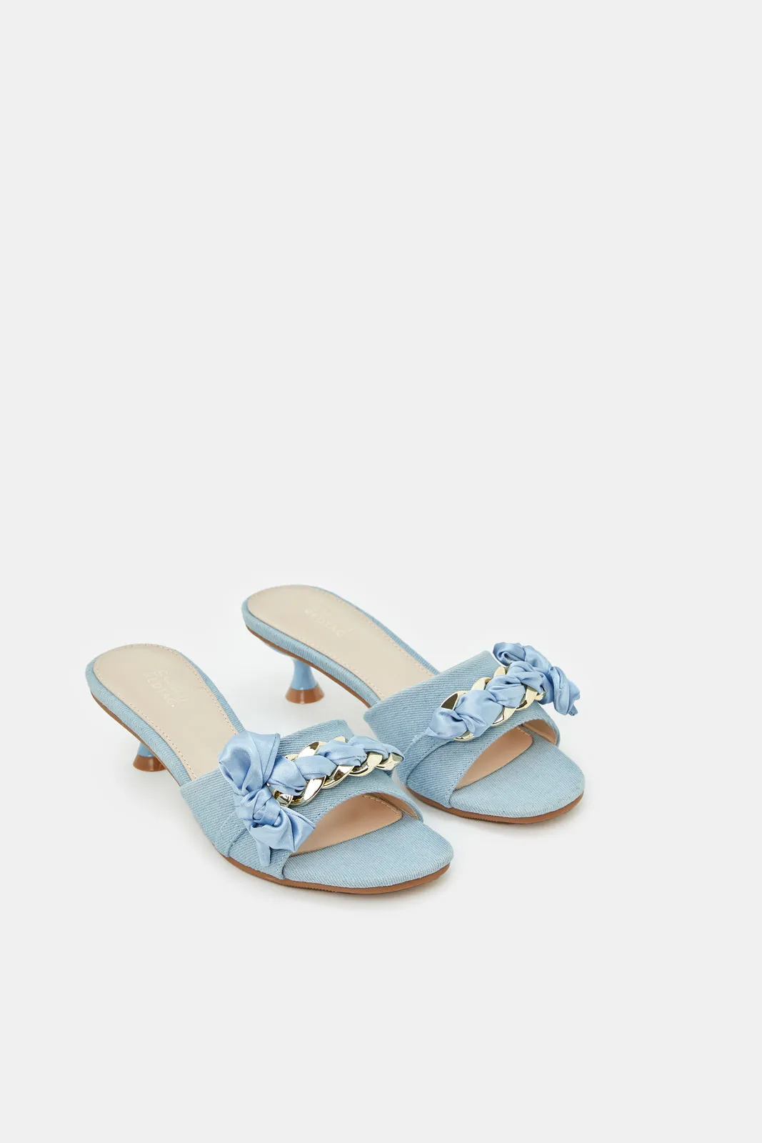 Women Blue Denim Chain Trim Mule