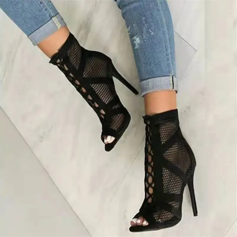 Women's Black Lace-up High Stiletto Heel Mesh Sandals