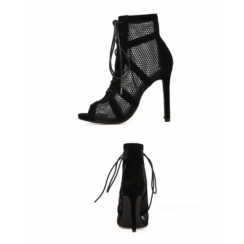 Women's Black Lace-up High Stiletto Heel Mesh Sandals