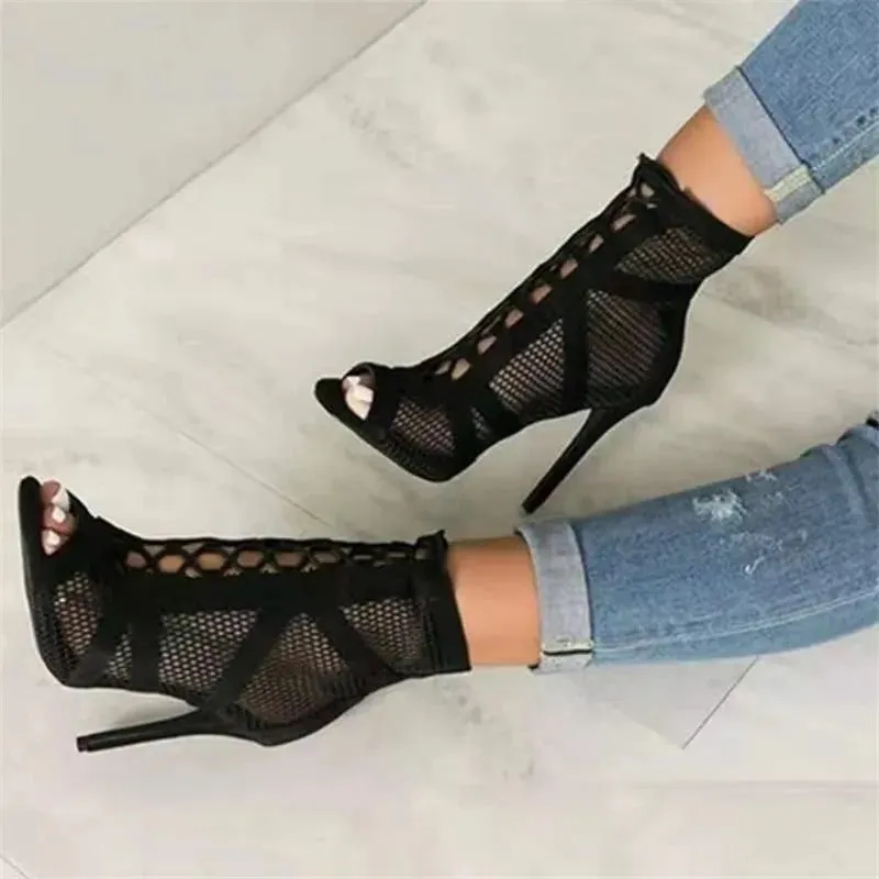 Women's Black Lace-up High Stiletto Heel Mesh Sandals